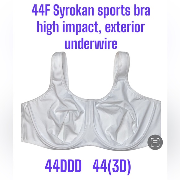 44F SYROKAN Sports Max Control Exterior Underwire Bra High Impact White Unpadded - Picture 1 of 13